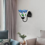Stained Glass Flower Wall Light Fixture Tiffany 1 Head White/Black/Sky Blue Sconce Light for Living Room Sky Blue Clearhalo 'Industrial' 'Middle century wall lights' 'Tiffany wall lights' 'Tiffany' 'Wall Lamps & Sconces' 'Wall Lights' Lighting' 90483