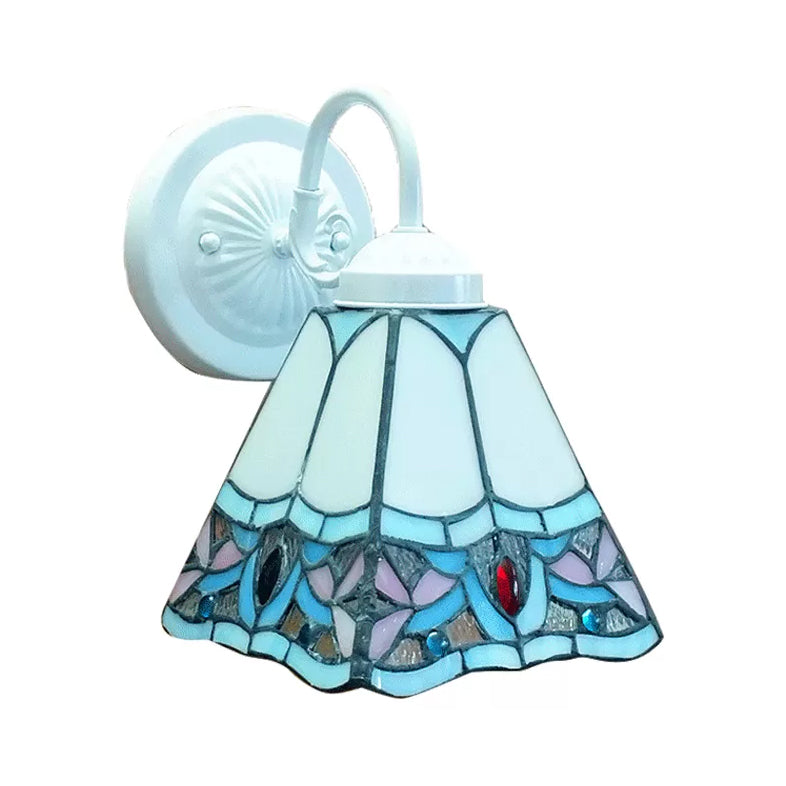 Stained Glass Flower Wall Light Fixture Tiffany 1 Head White/Black/Sky Blue Sconce Light for Living Room Clearhalo 'Industrial' 'Middle century wall lights' 'Tiffany wall lights' 'Tiffany' 'Wall Lamps & Sconces' 'Wall Lights' Lighting' 90484