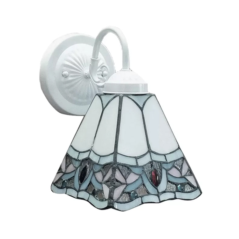 Stained Glass Flower Wall Light Fixture Tiffany 1 Head White/Black/Sky Blue Sconce Light for Living Room Clearhalo 'Industrial' 'Middle century wall lights' 'Tiffany wall lights' 'Tiffany' 'Wall Lamps & Sconces' 'Wall Lights' Lighting' 90485