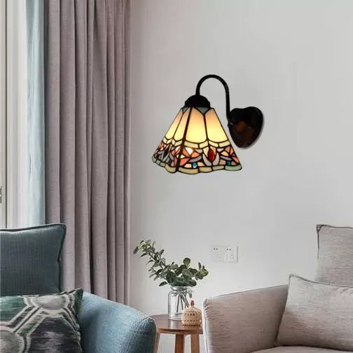 Stained Glass Flower Wall Light Fixture Tiffany 1 Head White/Black/Sky Blue Sconce Light for Living Room Black Clearhalo 'Industrial' 'Middle century wall lights' 'Tiffany wall lights' 'Tiffany' 'Wall Lamps & Sconces' 'Wall Lights' Lighting' 90489