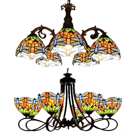 Stained Glass Dragonfly Hanging Chandelier Rustic Lodge 5/8 Lights Suspension Light for Stairway Clearhalo 'Ceiling Lights' 'Chandeliers' 'Industrial' 'Middle Century Chandeliers' 'Pendant Lights' 'Tiffany Chandeliers' 'Tiffany close to ceiling' 'Tiffany' Lighting' 90544