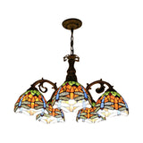 Stained Glass Dragonfly Hanging Chandelier Rustic Lodge 5/8 Lights Suspension Light for Stairway 5 Orange-Green Clearhalo 'Ceiling Lights' 'Chandeliers' 'Industrial' 'Middle Century Chandeliers' 'Pendant Lights' 'Tiffany Chandeliers' 'Tiffany close to ceiling' 'Tiffany' Lighting' 90545