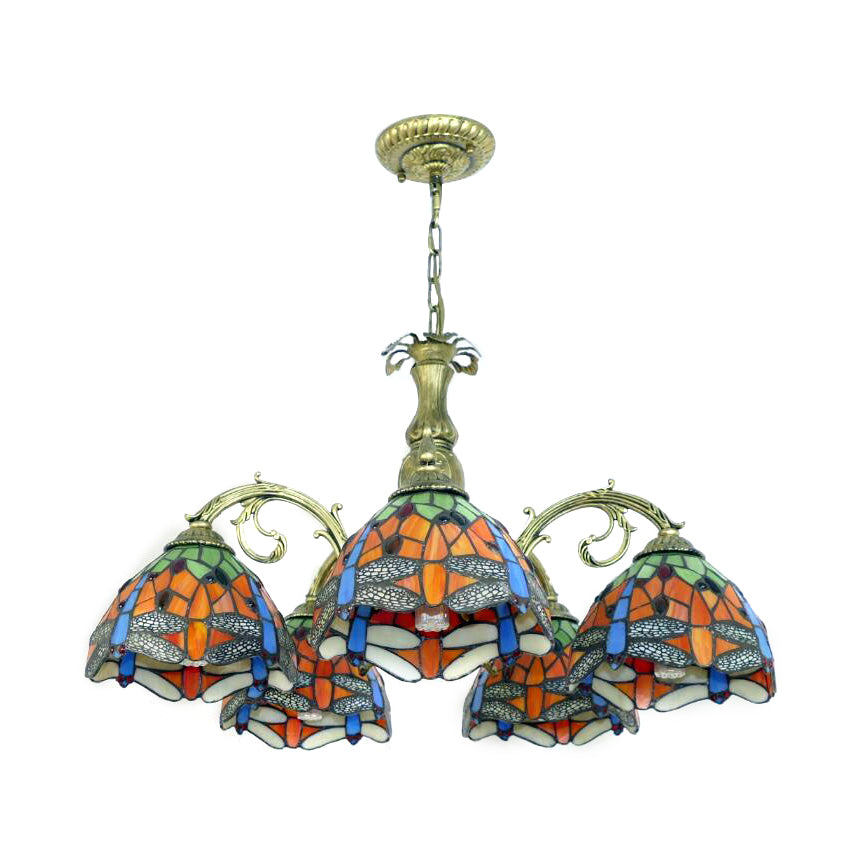 Stained Glass Dragonfly Hanging Chandelier Rustic Lodge 5/8 Lights Suspension Light for Stairway Clearhalo 'Ceiling Lights' 'Chandeliers' 'Industrial' 'Middle Century Chandeliers' 'Pendant Lights' 'Tiffany Chandeliers' 'Tiffany close to ceiling' 'Tiffany' Lighting' 90546