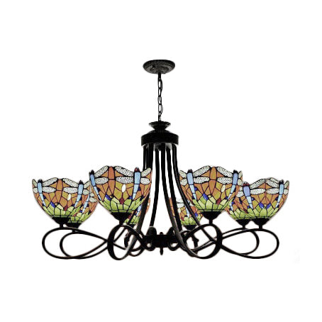 Stained Glass Dragonfly Hanging Chandelier Rustic Lodge 5/8 Lights Suspension Light for Stairway Clearhalo 'Ceiling Lights' 'Chandeliers' 'Industrial' 'Middle Century Chandeliers' 'Pendant Lights' 'Tiffany Chandeliers' 'Tiffany close to ceiling' 'Tiffany' Lighting' 90548