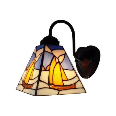 Sailboat Sconce Light Fixture Mediterranean Blue Glass 1 Head Black Wall Mount Light Clearhalo 'Industrial' 'Middle century wall lights' 'Tiffany wall lights' 'Tiffany' 'Wall Lamps & Sconces' 'Wall Lights' Lighting' 90577
