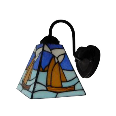 Sailboat Sconce Light Fixture Mediterranean Blue Glass 1 Head Black Wall Mount Light Clearhalo 'Industrial' 'Middle century wall lights' 'Tiffany wall lights' 'Tiffany' 'Wall Lamps & Sconces' 'Wall Lights' Lighting' 90578