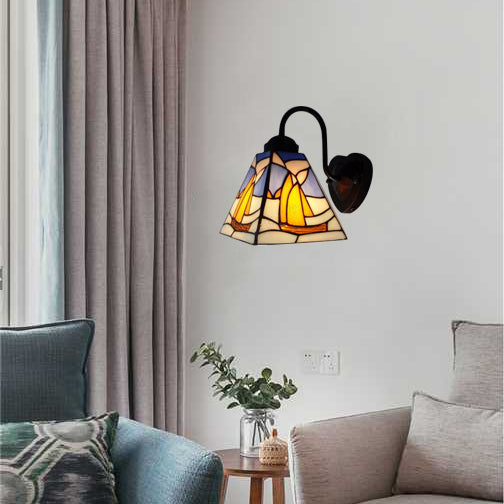 Sailboat Sconce Light Fixture Mediterranean Blue Glass 1 Head Black Wall Mount Light Blue Clearhalo 'Industrial' 'Middle century wall lights' 'Tiffany wall lights' 'Tiffany' 'Wall Lamps & Sconces' 'Wall Lights' Lighting' 90579