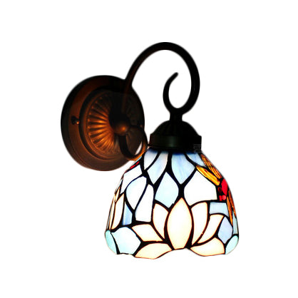 Lotus Stained Glass Wall Lighting Fixture Baroque 1 Head Blue Sconce Light with Curved Arm Clearhalo 'Industrial' 'Middle century wall lights' 'Tiffany wall lights' 'Tiffany' 'Wall Lamps & Sconces' 'Wall Lights' Lighting' 90589