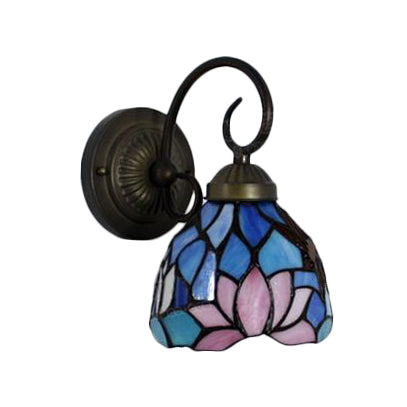 Lotus Stained Glass Wall Lighting Fixture Baroque 1 Head Blue Sconce Light with Curved Arm Clearhalo 'Industrial' 'Middle century wall lights' 'Tiffany wall lights' 'Tiffany' 'Wall Lamps & Sconces' 'Wall Lights' Lighting' 90590