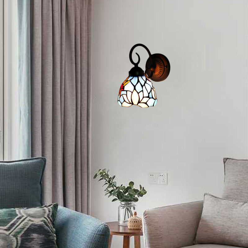 Lotus Stained Glass Wall Lighting Fixture Baroque 1 Head Blue Sconce Light with Curved Arm Blue Clearhalo 'Industrial' 'Middle century wall lights' 'Tiffany wall lights' 'Tiffany' 'Wall Lamps & Sconces' 'Wall Lights' Lighting' 90591
