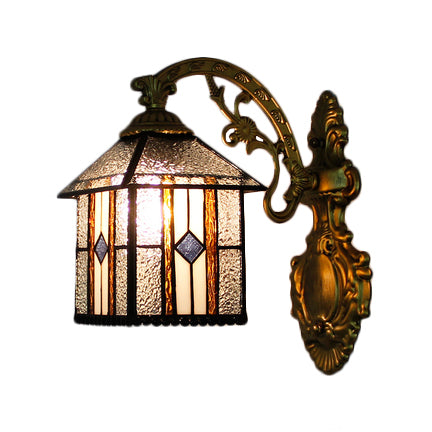 Mission Style House Wall Sconce Stained Glass 1 Light Wall Lighting in Brass for Bedroom Clearhalo 'Industrial' 'Middle century wall lights' 'Tiffany wall lights' 'Tiffany' 'Wall Lamps & Sconces' 'Wall Lights' Lighting' 90631