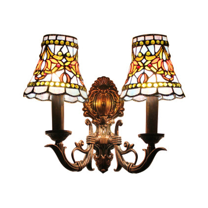 Bell Wall Light with Candle Victorian Stained Glass 2 Lights Wall Mount Light for Corridor Clearhalo 'Industrial' 'Middle century wall lights' 'Tiffany wall lights' 'Tiffany' 'Wall Lamps & Sconces' 'Wall Lights' Lighting' 90681