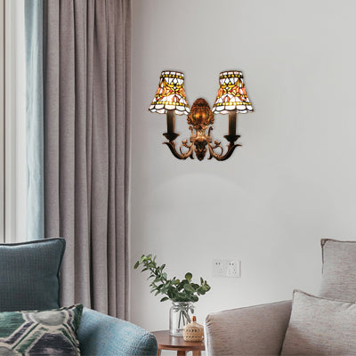 Bell Wall Light with Candle Victorian Stained Glass 2 Lights Wall Mount Light for Corridor Brass Clearhalo 'Industrial' 'Middle century wall lights' 'Tiffany wall lights' 'Tiffany' 'Wall Lamps & Sconces' 'Wall Lights' Lighting' 90683