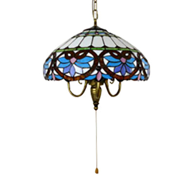 Domed Ceiling Lamp Baroque 3 Heads Antique Brass Stained Glass Suspension Pendant Light with Adjustable Metal Chain Clearhalo 'Ceiling Lights' 'Close To Ceiling Lights' 'Industrial' 'Middle Century Pendants' 'Pendant Lights' 'Pendants' 'Tiffany close to ceiling' 'Tiffany Pendants' 'Tiffany' Lighting' 90780
