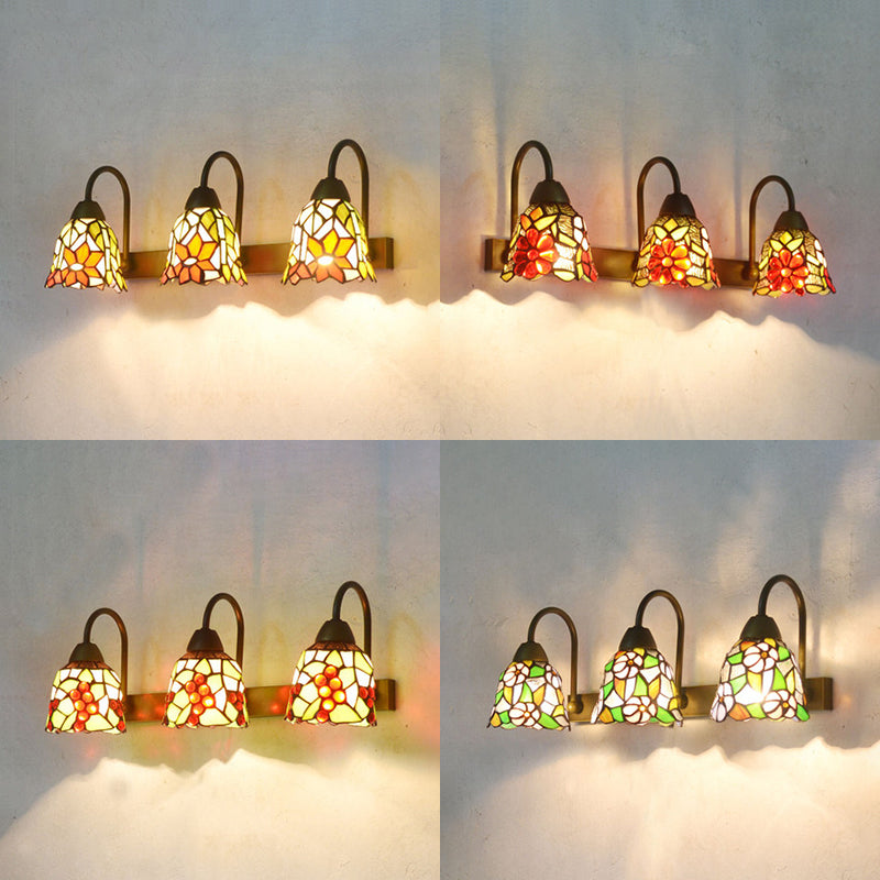 Bell Sconce Light Fixture Tiffany Multicolor Stained Glass 3 Heads Pink/Purple/Orange Red Wall Mounted Light Clearhalo 'Industrial' 'Middle century wall lights' 'Tiffany wall lights' 'Tiffany' 'Wall Lamps & Sconces' 'Wall Lights' Lighting' 90901