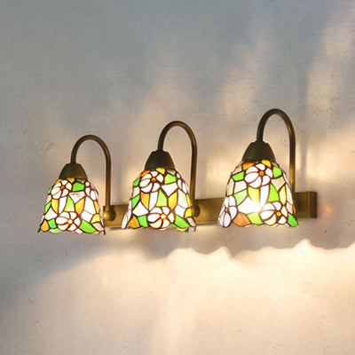 Bell Sconce Light Fixture Tiffany Multicolor Stained Glass 3 Heads Pink/Purple/Orange Red Wall Mounted Light Pink Clearhalo 'Industrial' 'Middle century wall lights' 'Tiffany wall lights' 'Tiffany' 'Wall Lamps & Sconces' 'Wall Lights' Lighting' 90902