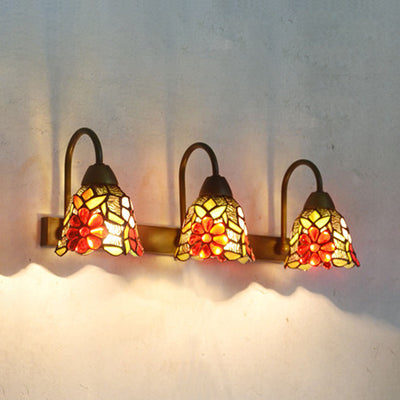 Bell Sconce Light Fixture Tiffany Multicolor Stained Glass 3 Heads Pink/Purple/Orange Red Wall Mounted Light Orange Red Clearhalo 'Industrial' 'Middle century wall lights' 'Tiffany wall lights' 'Tiffany' 'Wall Lamps & Sconces' 'Wall Lights' Lighting' 90904