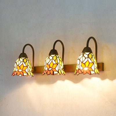 Bell Sconce Light Fixture Tiffany Multicolor Stained Glass 3 Heads Pink/Purple/Orange Red Wall Mounted Light Orange-Yellow Clearhalo 'Industrial' 'Middle century wall lights' 'Tiffany wall lights' 'Tiffany' 'Wall Lamps & Sconces' 'Wall Lights' Lighting' 90906