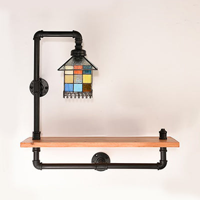 Tiffany Industrial House Wall Sconce with Bookshelf 1 Light Stained Glass Wall Light for Living Room Clearhalo 'Industrial' 'Middle century wall lights' 'Tiffany wall lights' 'Tiffany' 'Wall Lamps & Sconces' 'Wall Lights' Lighting' 90920