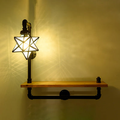 Blue Glass Star Wall Light Fixture Rustic Vintage 1 Light Wall Sconce Lamp with Bookshelf Blue Clearhalo 'Industrial' 'Middle century wall lights' 'Tiffany wall lights' 'Tiffany' 'Wall Lamps & Sconces' 'Wall Lights' Lighting' 90929