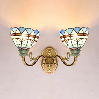 Bowl Wall Light Mediterranean 2 Heads Stained Glass Indoor Sconce Light for Living Room Blue Clearhalo 'Industrial' 'Middle century wall lights' 'Tiffany wall lights' 'Tiffany' 'Wall Lamps & Sconces' 'Wall Lights' Lighting' 90952