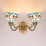Bowl Wall Light Mediterranean 2 Heads Stained Glass Indoor Sconce Light for Living Room Blue Clearhalo 'Industrial' 'Middle century wall lights' 'Tiffany wall lights' 'Tiffany' 'Wall Lamps & Sconces' 'Wall Lights' Lighting' 90952