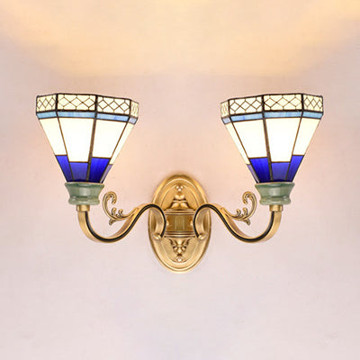 Tiffany Wall Mount Light with Cone Shade Stained Glass 2 Lights Wall Lighting for Foyer Dark Blue Clearhalo 'Cast Iron' 'Glass' 'Industrial' 'Middle century wall lights' 'Modern' 'Tiffany wall lights' 'Tiffany' 'Traditional wall lights' 'Wall Lamps & Sconces' 'Wall Lights' Lighting' 90958
