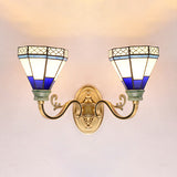 Tiffany Wall Mount Light with Cone Shade Stained Glass 2 Lights Wall Lighting for Foyer Dark Blue Clearhalo 'Cast Iron' 'Glass' 'Industrial' 'Middle century wall lights' 'Modern' 'Tiffany wall lights' 'Tiffany' 'Traditional wall lights' 'Wall Lamps & Sconces' 'Wall Lights' Lighting' 90958