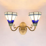 Tiffany Wall Mount Light with Cone Shade Stained Glass 2 Lights Wall Lighting for Foyer Dark Blue Clearhalo 'Cast Iron' 'Glass' 'Industrial' 'Middle century wall lights' 'Modern' 'Tiffany wall lights' 'Tiffany' 'Traditional wall lights' 'Wall Lamps & Sconces' 'Wall Lights' Lighting' 90958