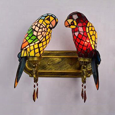 Parrots Double Wall Sconce Light Rustic Lodge Stained Glass Indoor Wall Lighting for Corridor Clearhalo 'Industrial' 'Middle century wall lights' 'Tiffany wall lights' 'Tiffany' 'Wall Lamps & Sconces' 'Wall Lights' Lighting' 90977