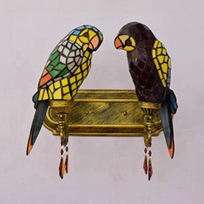 Parrots Double Wall Sconce Light Rustic Lodge Stained Glass Indoor Wall Lighting for Corridor Clearhalo 'Industrial' 'Middle century wall lights' 'Tiffany wall lights' 'Tiffany' 'Wall Lamps & Sconces' 'Wall Lights' Lighting' 90978