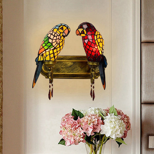 Parrots Double Wall Sconce Light Rustic Lodge Stained Glass Indoor Wall Lighting for Corridor Brass Clearhalo 'Industrial' 'Middle century wall lights' 'Tiffany wall lights' 'Tiffany' 'Wall Lamps & Sconces' 'Wall Lights' Lighting' 90979