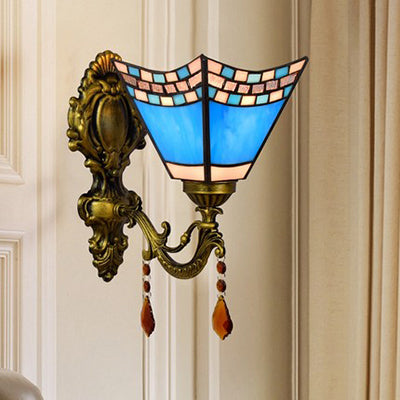 Mediterranean Mini Wall Lighting Blue Glass 1 Light Wall Sconce Lamp for Foyer Blue Clearhalo 'Industrial' 'Middle century wall lights' 'Tiffany wall lights' 'Tiffany' 'Wall Lamps & Sconces' 'Wall Lights' Lighting' 90991
