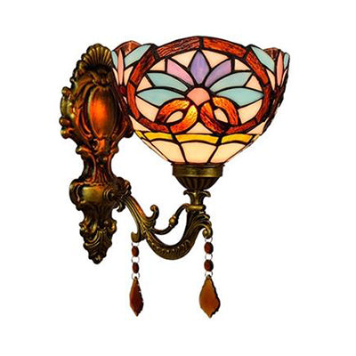 Victorian Bowl Wall Sconce Lighting Stained Glass 1 Light Wall Mount Light in Brass Clearhalo 'Industrial' 'Middle century wall lights' 'Tiffany wall lights' 'Tiffany' 'Wall Lamps & Sconces' 'Wall Lights' Lighting' 90993