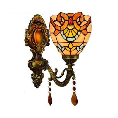 Victorian Bowl Wall Lighting with Crystal Decoration Stained Glass 1 Light Wall Mount Light Clearhalo 'Cast Iron' 'Glass' 'Industrial' 'Middle century wall lights' 'Modern' 'Tiffany wall lights' 'Tiffany' 'Traditional wall lights' 'Wall Lamps & Sconces' 'Wall Lights' Lighting' 90999