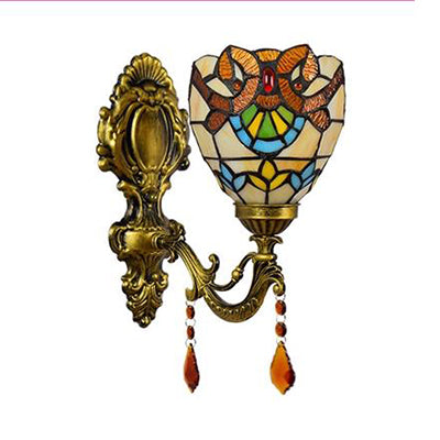 Victorian Bowl Wall Lighting with Crystal Decoration Stained Glass 1 Light Wall Mount Light Clearhalo 'Cast Iron' 'Glass' 'Industrial' 'Middle century wall lights' 'Modern' 'Tiffany wall lights' 'Tiffany' 'Traditional wall lights' 'Wall Lamps & Sconces' 'Wall Lights' Lighting' 91000