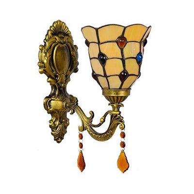 Amber Glass Bell Wall Sconce with Colorful Bead Vintage Style 1 Light Wall Lamp for Bedroom Clearhalo 'Industrial' 'Middle century wall lights' 'Tiffany wall lights' 'Tiffany' 'Wall Lamps & Sconces' 'Wall Lights' Lighting' 91005
