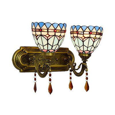 2 Lights Baroque Sconce Light with Bowl Shade Stained Glass Wall Lighting in Blue Clearhalo 'Industrial' 'Middle century wall lights' 'Tiffany wall lights' 'Tiffany' 'Wall Lamps & Sconces' 'Wall Lights' Lighting' 91025
