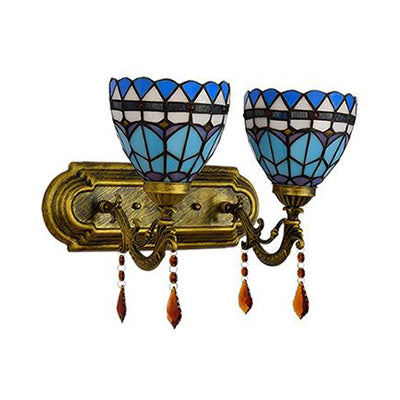 2 Lights Baroque Sconce Light with Bowl Shade Stained Glass Wall Lighting in Blue Clearhalo 'Industrial' 'Middle century wall lights' 'Tiffany wall lights' 'Tiffany' 'Wall Lamps & Sconces' 'Wall Lights' Lighting' 91026