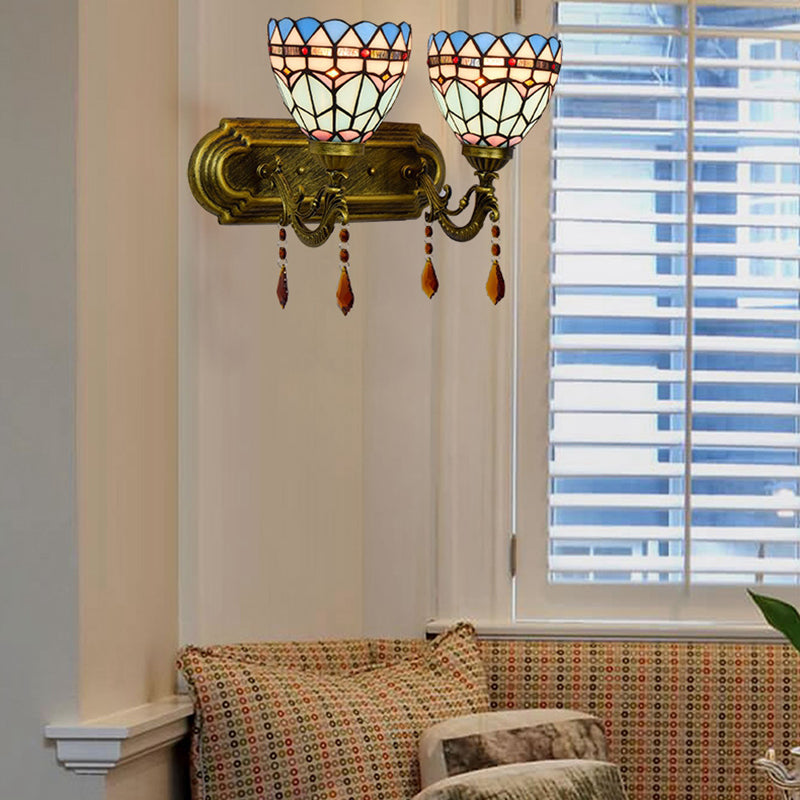 2 Lights Baroque Sconce Light with Bowl Shade Stained Glass Wall Lighting in Blue Blue Clearhalo 'Industrial' 'Middle century wall lights' 'Tiffany wall lights' 'Tiffany' 'Wall Lamps & Sconces' 'Wall Lights' Lighting' 91027