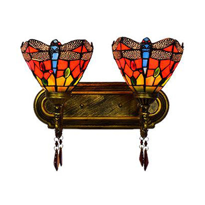 Stained Glass Dragonfly Wall Lamp Lodge Style 2 Lights Corridor Sconce Light in Brass Clearhalo 'Industrial' 'Middle century wall lights' 'Tiffany wall lights' 'Tiffany' 'Wall Lamps & Sconces' 'Wall Lights' Lighting' 91035