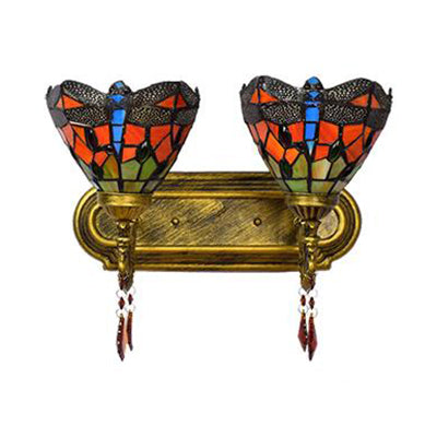 Stained Glass Dragonfly Wall Lamp Lodge Style 2 Lights Corridor Sconce Light in Brass Clearhalo 'Industrial' 'Middle century wall lights' 'Tiffany wall lights' 'Tiffany' 'Wall Lamps & Sconces' 'Wall Lights' Lighting' 91036