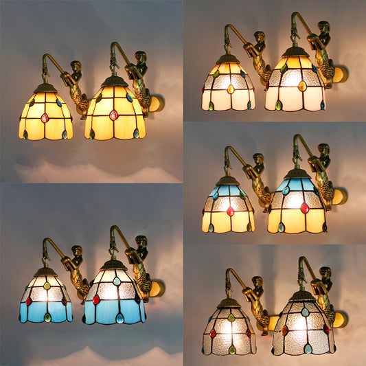 Stained Glass Dome Wall Light Fixture Tiffany 2 Heads Yellow/Blue/Clear Sconce Light with Mermaid Backplate Clearhalo 'Industrial' 'Middle century wall lights' 'Tiffany wall lights' 'Tiffany' 'Wall Lamps & Sconces' 'Wall Lights' Lighting' 91044