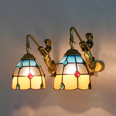 Stained Glass Dome Wall Light Fixture Tiffany 2 Heads Yellow/Blue/Clear Sconce Light with Mermaid Backplate Yellow-Blue Clearhalo 'Industrial' 'Middle century wall lights' 'Tiffany wall lights' 'Tiffany' 'Wall Lamps & Sconces' 'Wall Lights' Lighting' 91045