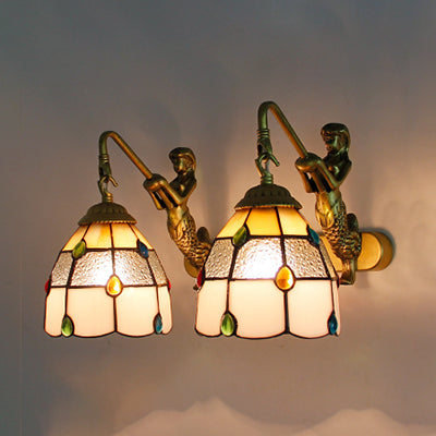 Stained Glass Dome Wall Light Fixture Tiffany 2 Heads Yellow/Blue/Clear Sconce Light with Mermaid Backplate Yellow-White Clearhalo 'Industrial' 'Middle century wall lights' 'Tiffany wall lights' 'Tiffany' 'Wall Lamps & Sconces' 'Wall Lights' Lighting' 91046