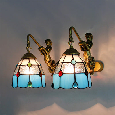 Stained Glass Dome Wall Light Fixture Tiffany 2 Heads Yellow/Blue/Clear Sconce Light with Mermaid Backplate Blue Clearhalo 'Industrial' 'Middle century wall lights' 'Tiffany wall lights' 'Tiffany' 'Wall Lamps & Sconces' 'Wall Lights' Lighting' 91048