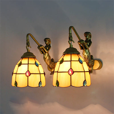 Stained Glass Dome Wall Light Fixture Tiffany 2 Heads Yellow/Blue/Clear Sconce Light with Mermaid Backplate Yellow Clearhalo 'Industrial' 'Middle century wall lights' 'Tiffany wall lights' 'Tiffany' 'Wall Lamps & Sconces' 'Wall Lights' Lighting' 91049