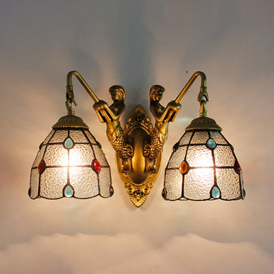 Grid Patterned Stained Glass Sconce Light Tiffany 2 Heads Beige-White-Clear/Clear/Blue-Clear Sconce Light Fixture Clear Clearhalo 'Industrial' 'Middle century wall lights' 'Tiffany wall lights' 'Tiffany' 'Wall Lamps & Sconces' 'Wall Lights' Lighting' 91059