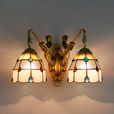 Grid Patterned Stained Glass Sconce Light Tiffany 2 Heads Beige-White-Clear/Clear/Blue-Clear Sconce Light Fixture Beige-White-Clear Clearhalo 'Industrial' 'Middle century wall lights' 'Tiffany wall lights' 'Tiffany' 'Wall Lamps & Sconces' 'Wall Lights' Lighting' 91060