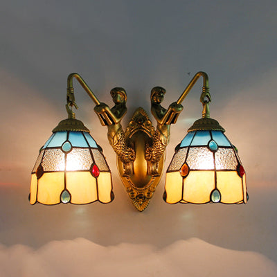 Grid Patterned Stained Glass Sconce Light Tiffany 2 Heads Beige-White-Clear/Clear/Blue-Clear Sconce Light Fixture Blue-Beige-Clear Clearhalo 'Industrial' 'Middle century wall lights' 'Tiffany wall lights' 'Tiffany' 'Wall Lamps & Sconces' 'Wall Lights' Lighting' 91061
